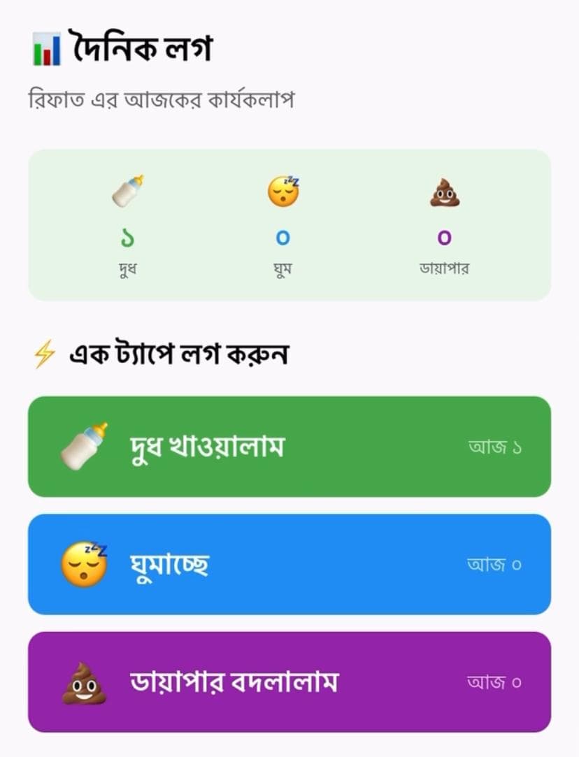 দৈনিক লগ স্ক্রিন — Daily baby log screen
